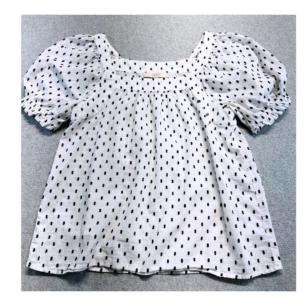 LOFT Womens S White Black Dobby Dot Cotton Blouse Square Neck Puff Sleeve Flowy